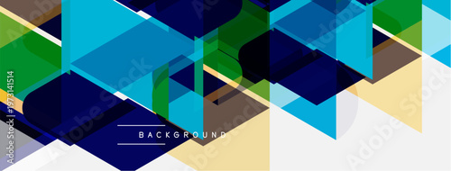 Abstract geometric shapes overlap, creating vibrant colorful background. Blue, green, beige tones dominate composition. Modern design element.