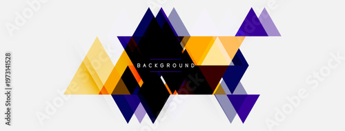 Abstract geometric shapes overlap, creating dynamic visual effect. Yellow, purple, gray tones dominate white background. Text reads background.