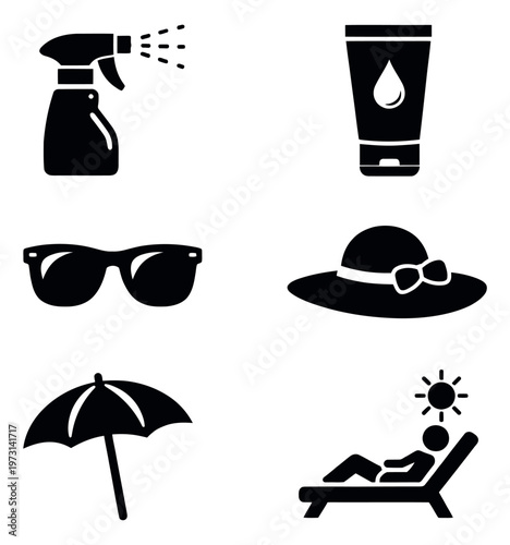 Simple graphic summer icons set featuring beach and sun protection essentials for summer vacation