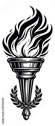 Line art illustration of an olympic torch depicting a burning flame and laurel wreath for sports, victory, and achievement concepts