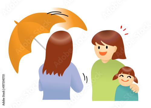 周りを気遣って傘を傾けている女性のシンプルイラスト