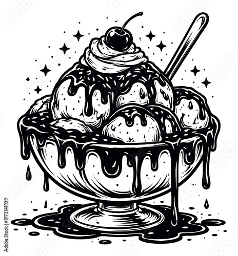 Hand drawn line art illustration of an ice cream sundae depicting a decadent dessert for menus and branding