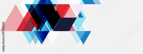 Abstract geometric shapes overlap. Red, blue, light blue create dynamic composition on white background. Modern design element.