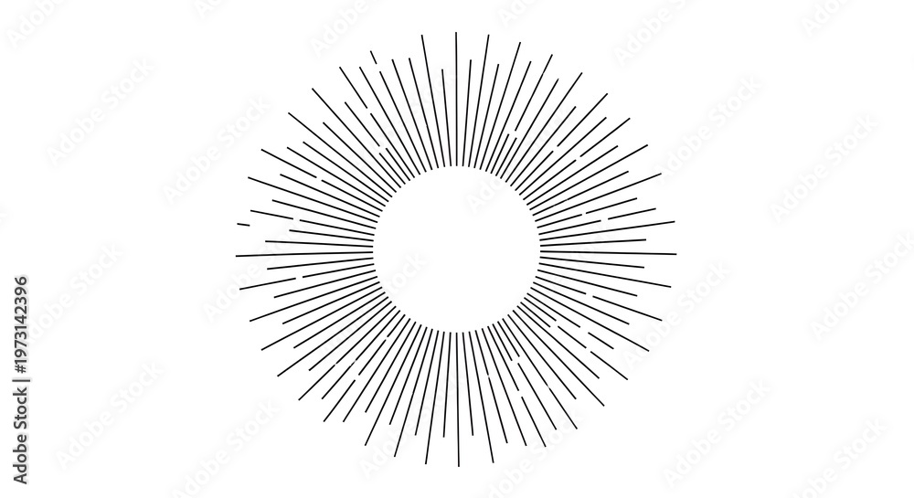 Fototapeta premium A circular sunburst design featuring thin black lines radiating from a central white void space