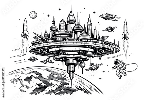 Hand drawn line art illustration of a futuristic space city in orbit depicting rockets, an astronaut, and spacecraft for science fiction adventures