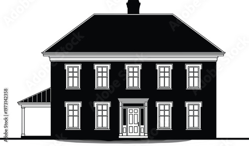 Two-story traditional house illustration, symmetrical architectural design, steep hipped roof with chimney, decorative trim and panels, classical residential artwork, black and white drawing