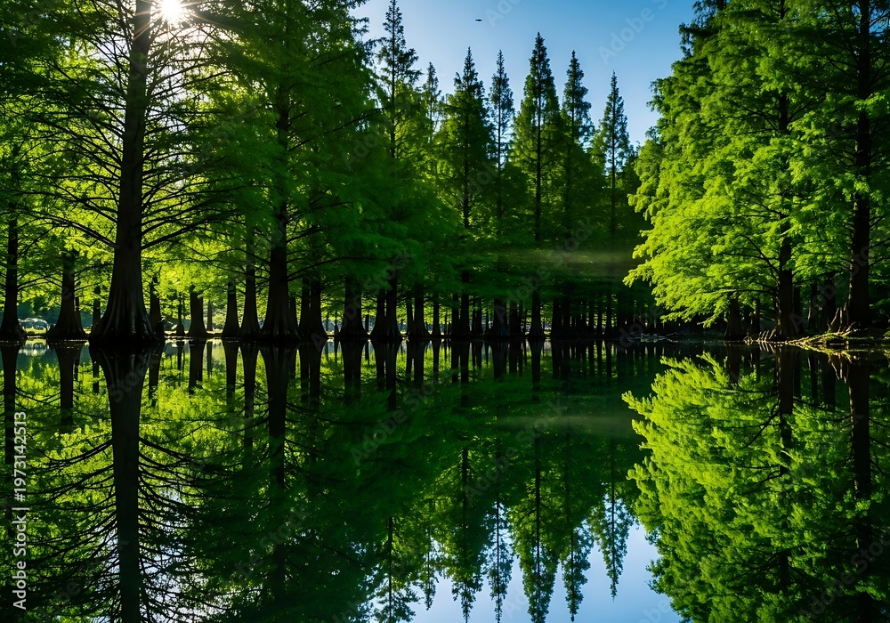 Fototapeta premium Sunlight filters through tall green cypress trees reflected in a still, calm lake with serene water.