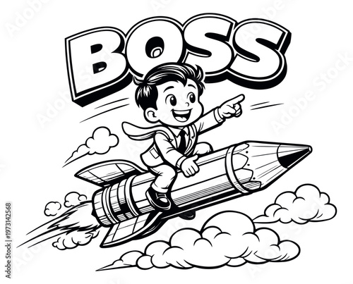 Hand drawn line art illustration of a young boss depicting him flying a pencil rocket for business success and creative leadership