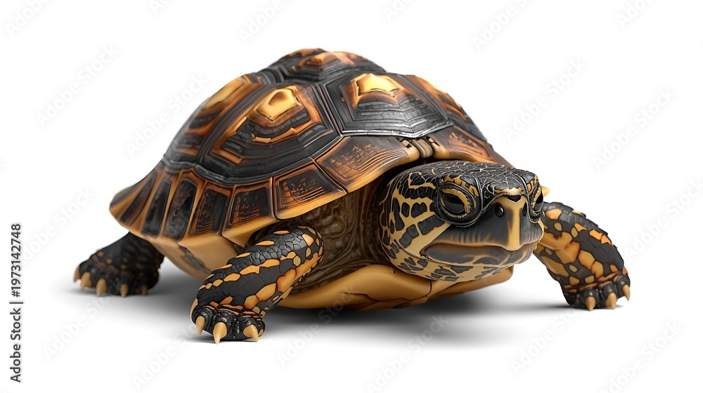 Obraz premium Walking Turtle Illustration: Low angle view of a turtle moving forward, detailed skin and shell texture.