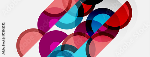Abstract composition featuring overlapping circles. Colors include red, pink, blue, black, white. Modern design, simple shapes, transparency.