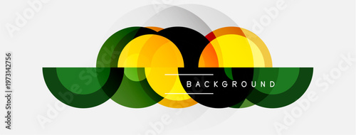 Abstract design features overlapping circles, vibrant colors, text element. Modern graphic composition, simple shapes, clean aesthetic.