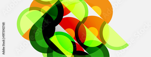 Abstract composition featuring overlapping colorful circles. Greens, oranges, reds create dynamic visual texture. Modern design element.