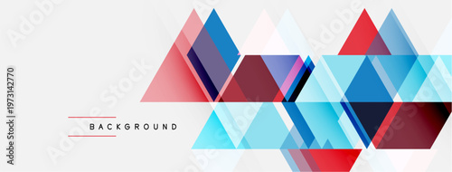 Abstract geometric shapes overlap, creating dynamic composition. Blue, red, turquoise hues dominate white background. Modern design element.