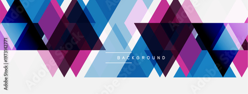 Geometric shapes create vibrant pattern. Blue, purple, pink dominate design. White space provides contrast, text element present.