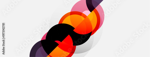 Abstract design features overlapping circles, orange, pink, black hues. Minimalist composition with soft gradients, modern aesthetic.