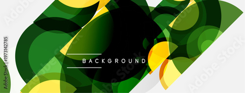 Abstract geometric shapes overlap, creating dynamic green, yellow composition. Dark center provides contrast, text reads background.