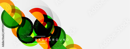 Abstract colorful circles overlap, creating dynamic visual effect. White space dominates background. Modern design element.