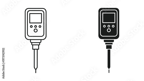 Two black and white illustrations of digital soil moisture probes with screen and buttons on a clean white background