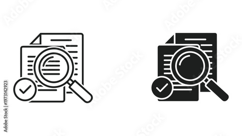 A pair of identical icons depicting a magnifying glass and a check mark overlaid on a document in both black and white and black on a white background