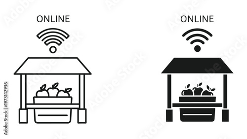 A simple black and white illustration of two online fruit stands with Wi-Fi signals