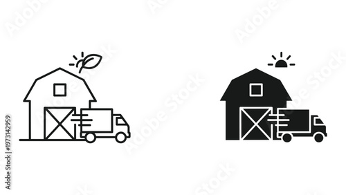 Two contrasting line art illustrations of a delivery truck pulling up to a barn with a sun and a plant symbolizing eco-friendly delivery and sustainable farming practices in a rural setting