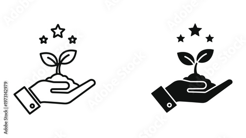 A graphic illustration of two hands nurturing young plants with stars above them