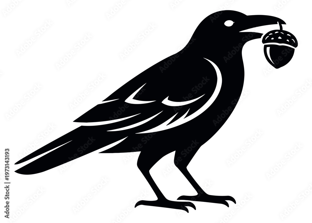 Fototapeta premium Graphic illustration of a crow depicting an acorn in its beak for natural concepts