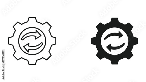 A pair of gear icons with arrows forming a circular motion are shown in line and solid black versions on a white background for use in digital design and development projects