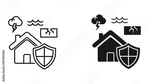 Two black and white icons depicting houses with shields and stormy weather conditions to represent protection and safety from natural disasters and severe weather