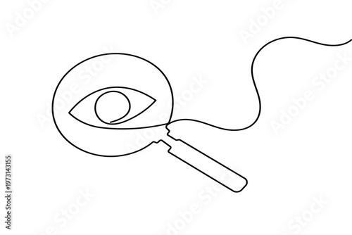 Continuous line drawing of magnifying glass with eye icon for vision search and observation concept