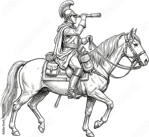 Vintage Hand Drawn Vector Illustration of Napoleonic Cavalry Soldier Riding Horse and Looking Through Spyglass Isolated on White Background for Historical War Concept