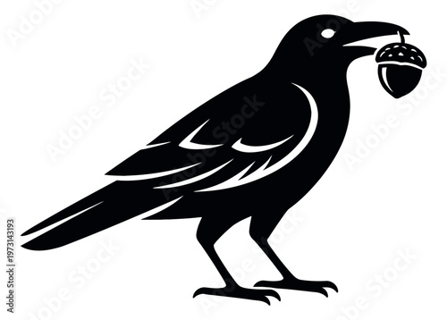 Graphic illustration of a crow depicting an acorn in its beak for natural concepts