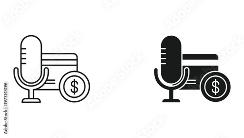 Two microphone icons with dollar coins and banknotes on a white background for financial or podcasting concepts