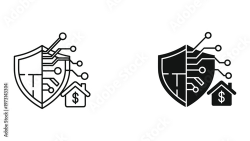 Two shield icons with circuit board and house symbols represent cybersecurity and financial protection