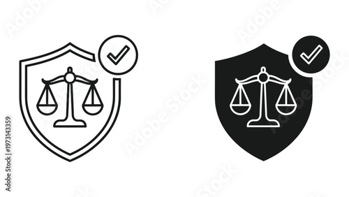 Two shield icons with scales of justice and checkmarks are shown in black and white on a plain background for use in legal or security designs