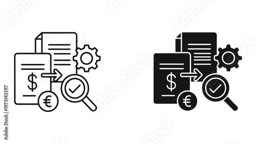 Two black and white icons depicting financial transactions and document verification