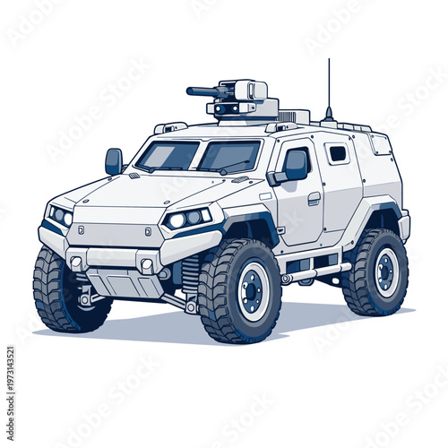 Armored vehicle illustration with turret and large wheels