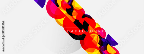 Abstract colorful shapes overlap, creating dynamic background. Red, yellow, purple hues dominate white space. Modern design element.