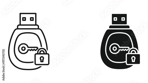 A pair of identical USB flash drive icons with a key and padlock symbolizing secure data storage and protection in both black and white and black on a clean white background
