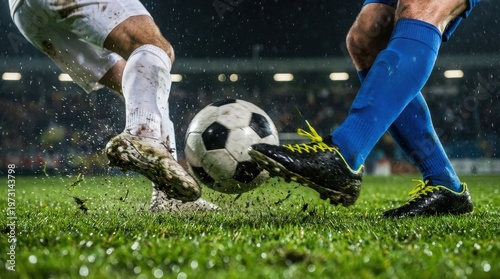 A close-up action shot of two professional soccer players competing for the ball on a wet grass field, with mud splashing as they kick, showcasing extreme intensity during a high-stakes night match.