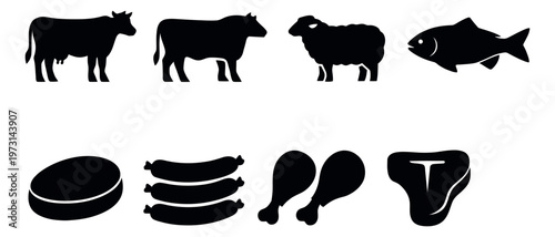 Modern silhouette meat icons set featuring livestock and cuts for food industry