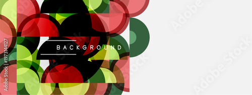 Abstract geometric shapes overlap. Red, green, yellow hues dominate left side, contrasting white space right. Modern design element.