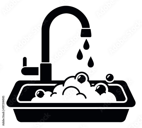 Solid graphic illustration of a kitchen sink depicting water dripping into soapy suds for household cleaning
