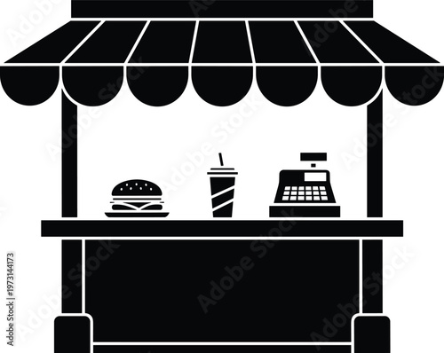 A simplistic black and white illustration depicts a food stand with a burger drink and cash register displayed high quality professional detailed modern