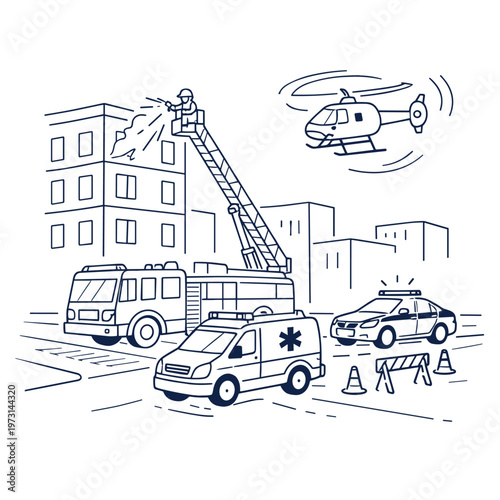 Emergency response vehicles and personnel illustration