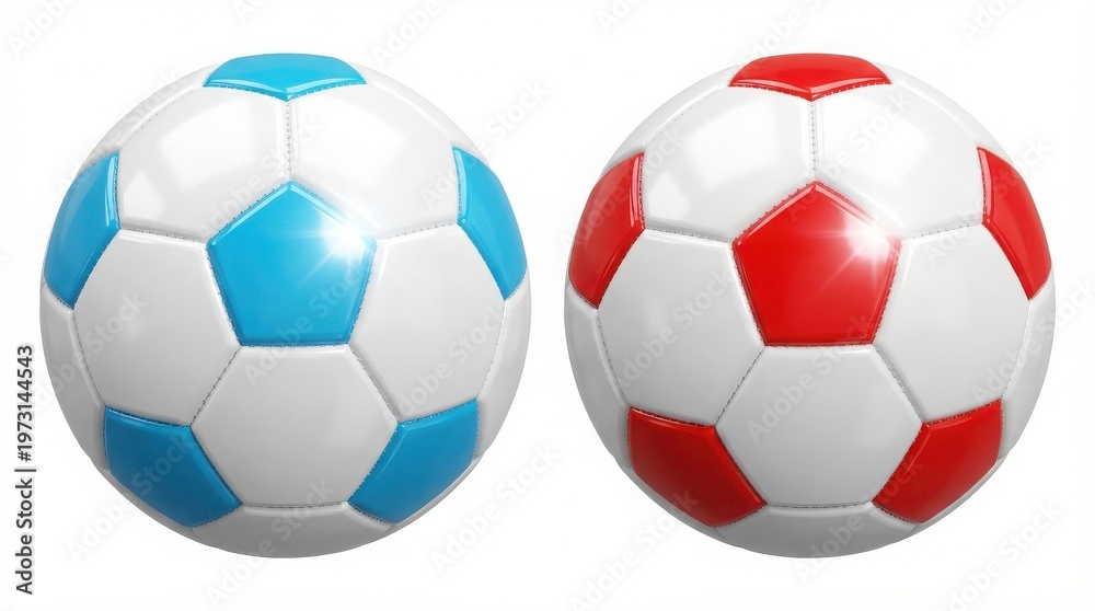 Naklejka premium A pair of premium synthetic soccer balls isolated on a pure white background, showcasing one bright cyan blue and white sphere alongside a matching vivid red and white ball for professional sports.