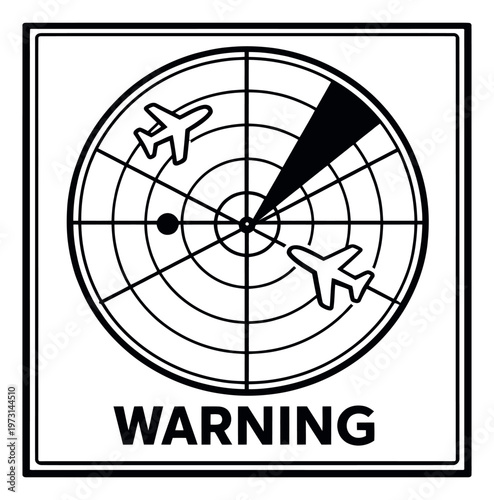 Line art illustration of a radar screen depicting air traffic warning for aviation safety