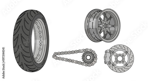 Motorcycle parts on white background.