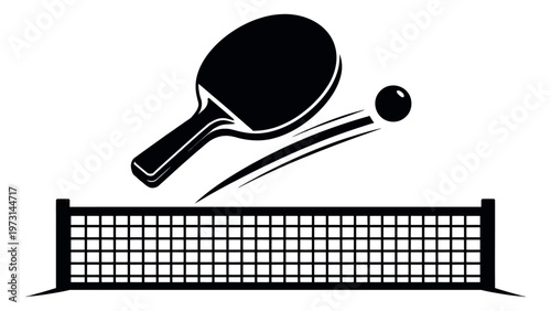 Graphic illustration of table tennis action depicting a paddle and ball over a net for sports design