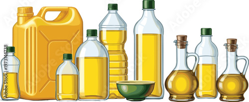 Cooking Oil Bottle Icon Set Featuring Plastic Containers, Glass Bottles, and Olive Oil Jars for Kitchen, Food Preparation, and Grocery Design